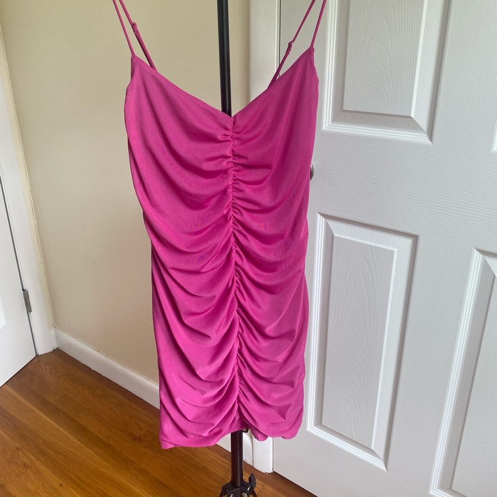 NWT Ruched Spaghetti Strap Mini Dress in Bright Magenta/Hot Pink/Fucshia Size L